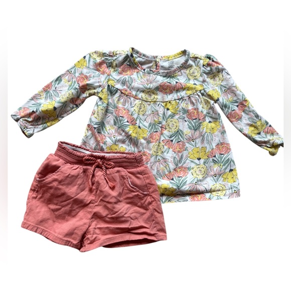 Carter's Floral long sleeve Top with coral elastic shorts size 18 months - Picture 1 of 11
